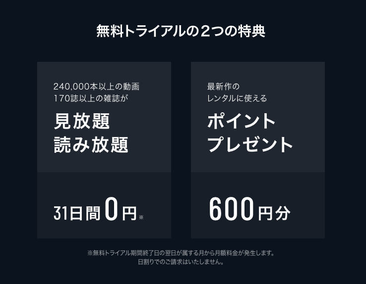 U-NEXT(ユーネクスト)無料トライアルの2つの特典紹介画像