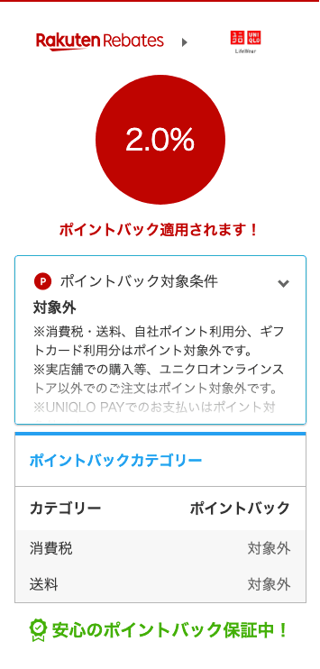 楽天リーベイツ経由のユニクロストアでバックされる楽天ポイント還元率の紹介画像
