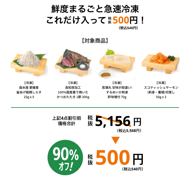 グリーンビーンズの驚きの鮮度お試しキャンペーン 鮮度体感!冷凍海鮮セットの90%オフイメージ