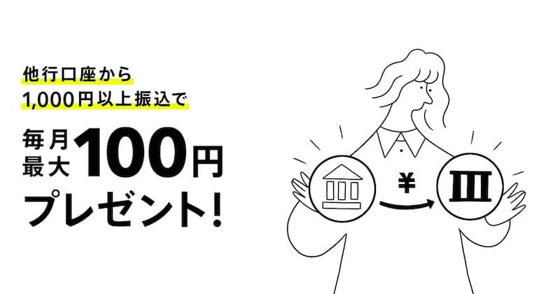 毎月最大100円プレゼント!みんなの銀行の振込入金プログラム