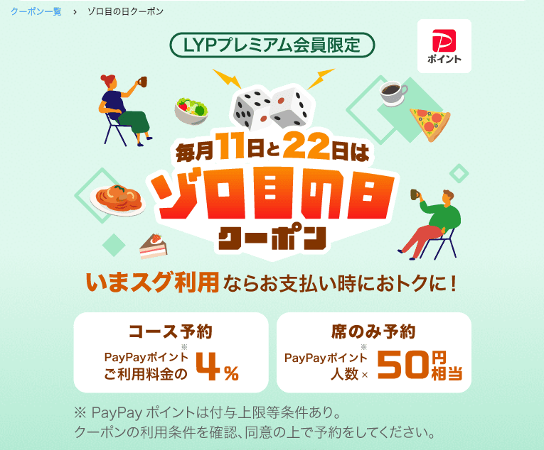 LYPプレミアム会員限定 PayPayグルメ ゾロ目の日クーポン