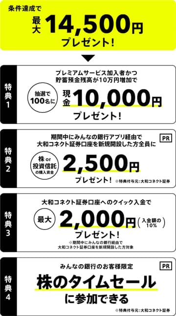 みんなの銀行×大和コネクト証券 夏のボーナスキャンペーン 4つの特典