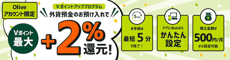 Oliveアカウント限定 Vポイントアッププログラム 外貨預金のお預け入れでVポイント最大+2%還元