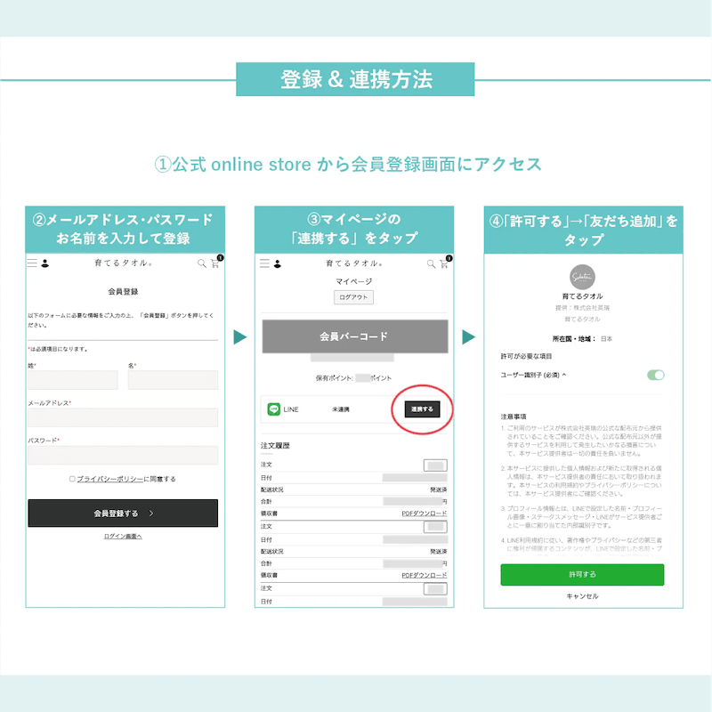 育てるタオル会員登録＆LINE ID連携方法
