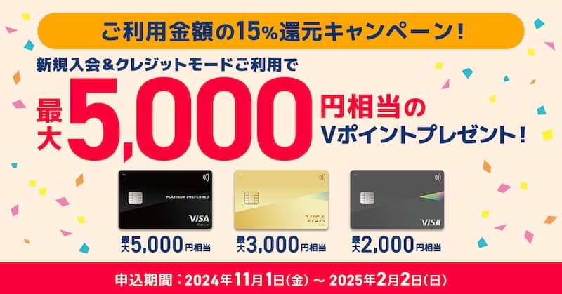 ご利用金額の15%還元キャンペーン!新規入会&クレジットモードご利用で最大5,000円相当プレゼント