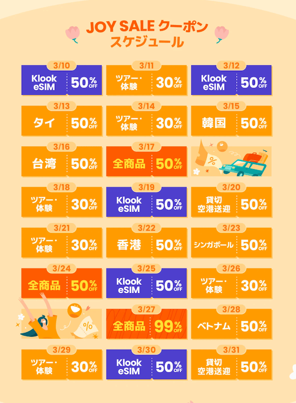 最大99%OFF!Klook(クルック)ジョイセールのクーポンスケジュール