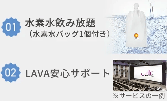 リントスルのレッスンをサポートするオプション2点「水素水飲み放題(水素水バッグ1個付き)」「LAVA安心サポート」