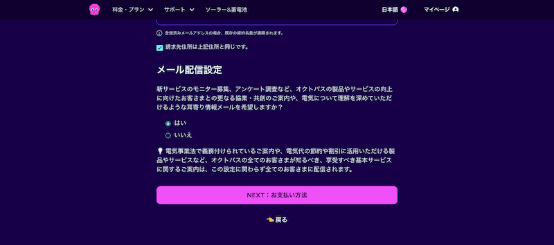 オクトパスエナジーのお客様情報の入力画面