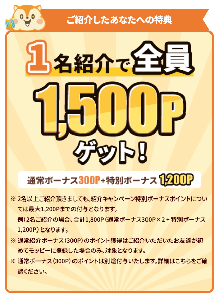 モッピー友達紹介の紹介者への特典 1名紹介で1,500ポイントゲット